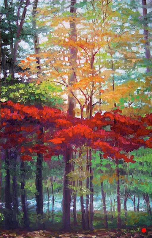 Bold — tall vertical oil painting of an autumn forest, brilliant scarlet foliage in the middle ground and a golden canopy above, a stream glinting between dark trunks. A red dot marks this painting as sold.