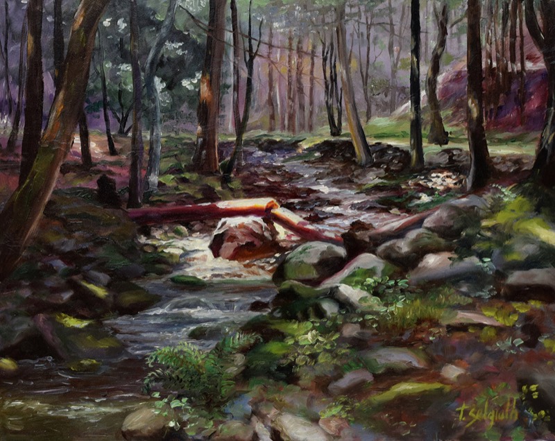 Broken — oil painting of an early-spring forest creek with a fallen log spanning the water, bare purple-brown trees and the first green sprouting along the banks