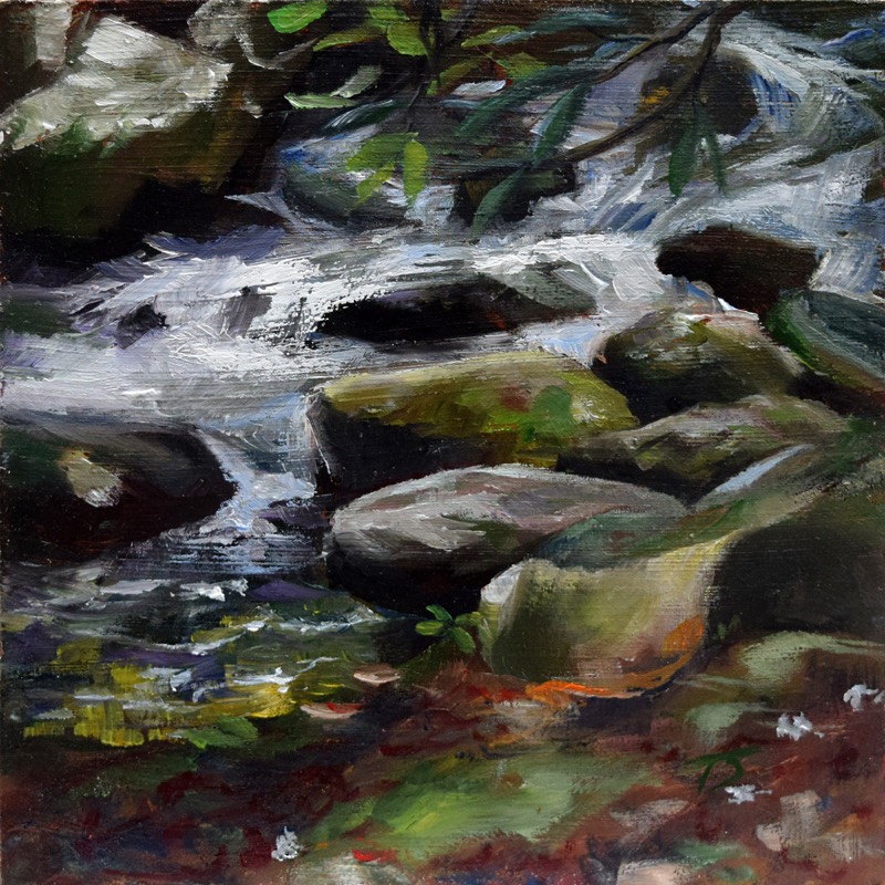 Exhale — small square oil painting of silvery water rushing over dark, moss-covered rocks in a mountain creek