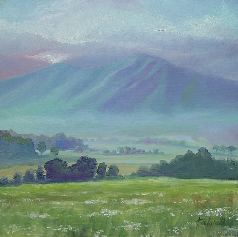 Glimmer of Hope — oil painting of a misty blue Smoky Mountain rising softly above a green meadow scattered with white wildflowers