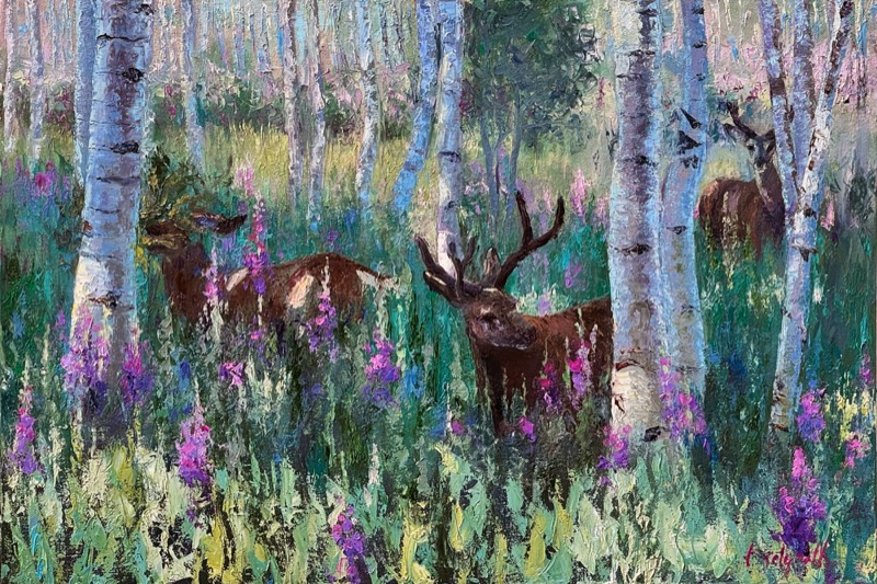 Brunch With the Boys — a vibrant, jewel-toned oil painting of three antlered deer among silvery-white aspen trunks, grazing in emerald grass thick with magenta and purple fireweed and lupine; lush, joyful, and alive with color