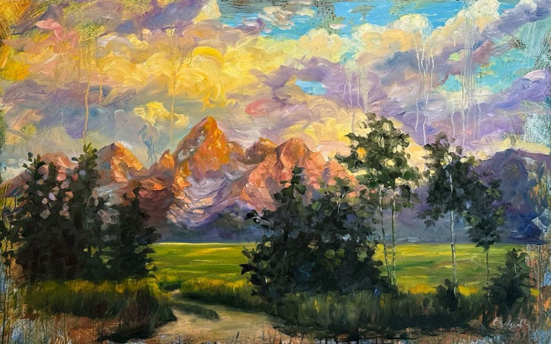 Tetons Gone Wild — a large, loose oil painting of the Teton range at sunset, coral-pink alpenglow on the peaks beneath a radiant sky of gold and lavender clouds, a green valley below; dramatic, romantic, and uplifting