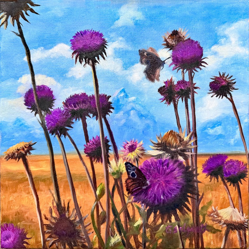 Teton Thistles — a bright, cheerful oil painting of vivid magenta and purple thistles against a clear turquoise-blue sky over a golden-amber prairie, with butterflies and bees; sunlit jewel tones, lively and joyful