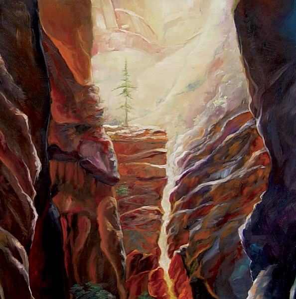 Detail of The Light — close-up showing brushwork on the canyon walls and water