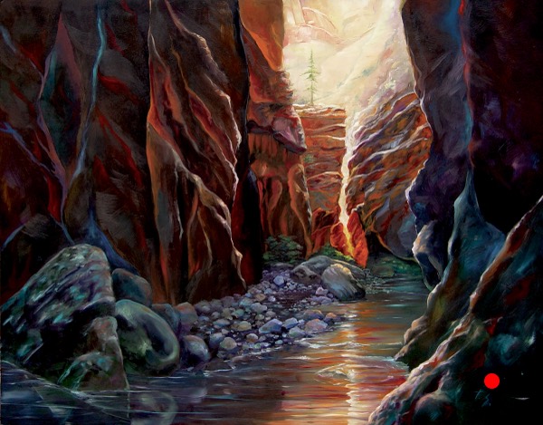 The Light — oil painting of a slot canyon at Zion. A red dot in the corner marks this painting as sold.