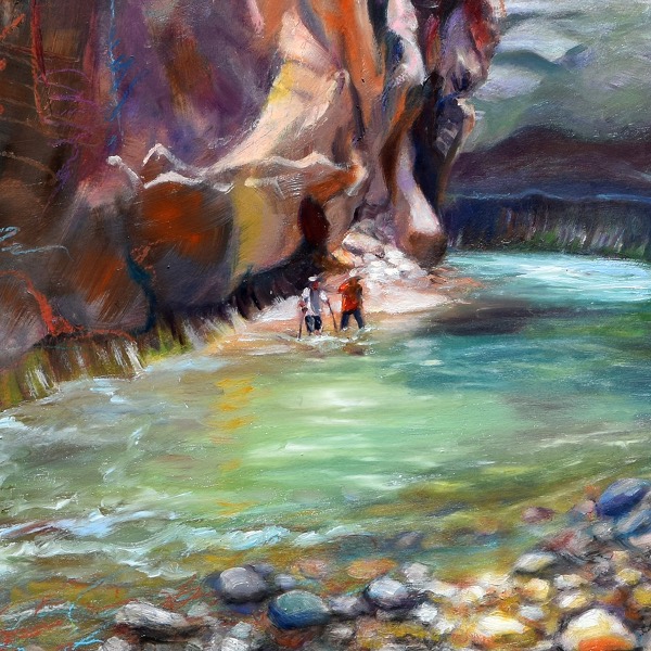 Detail of Turning Back — brushwork close-up showing the canyon's textured walls