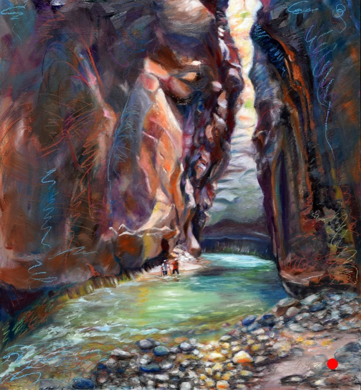 Turning Back — oil painting of two small figures at the threshold of a narrowing slot canyon, water green and warm light from the slot above. A small red dot in the corner marks this painting as not currently available.